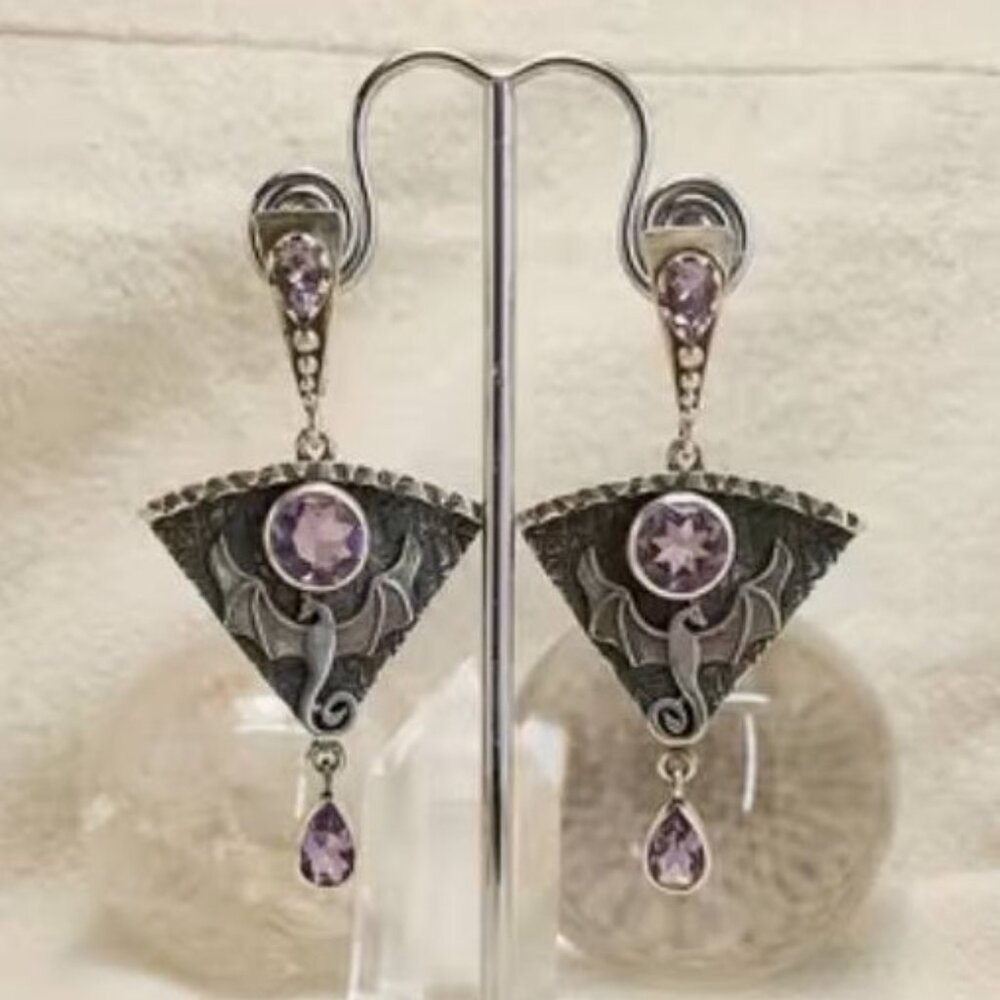 Silvertone Dragon Earrings with Purple Rhinestones 5/$25